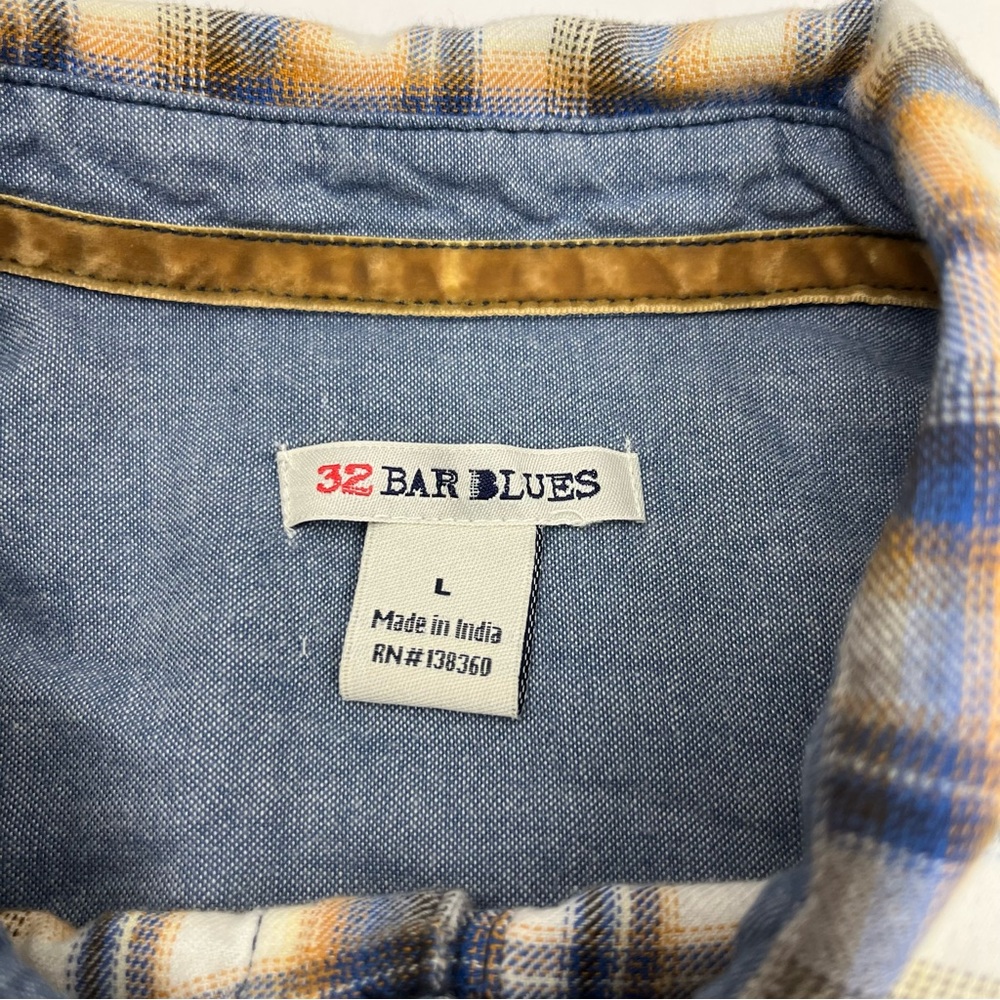 32 Bar Blues Mens Blue Yellow‎ Black White Plaid Long Sleeve Shirt Large *FLAWED - Picture 2 of 14